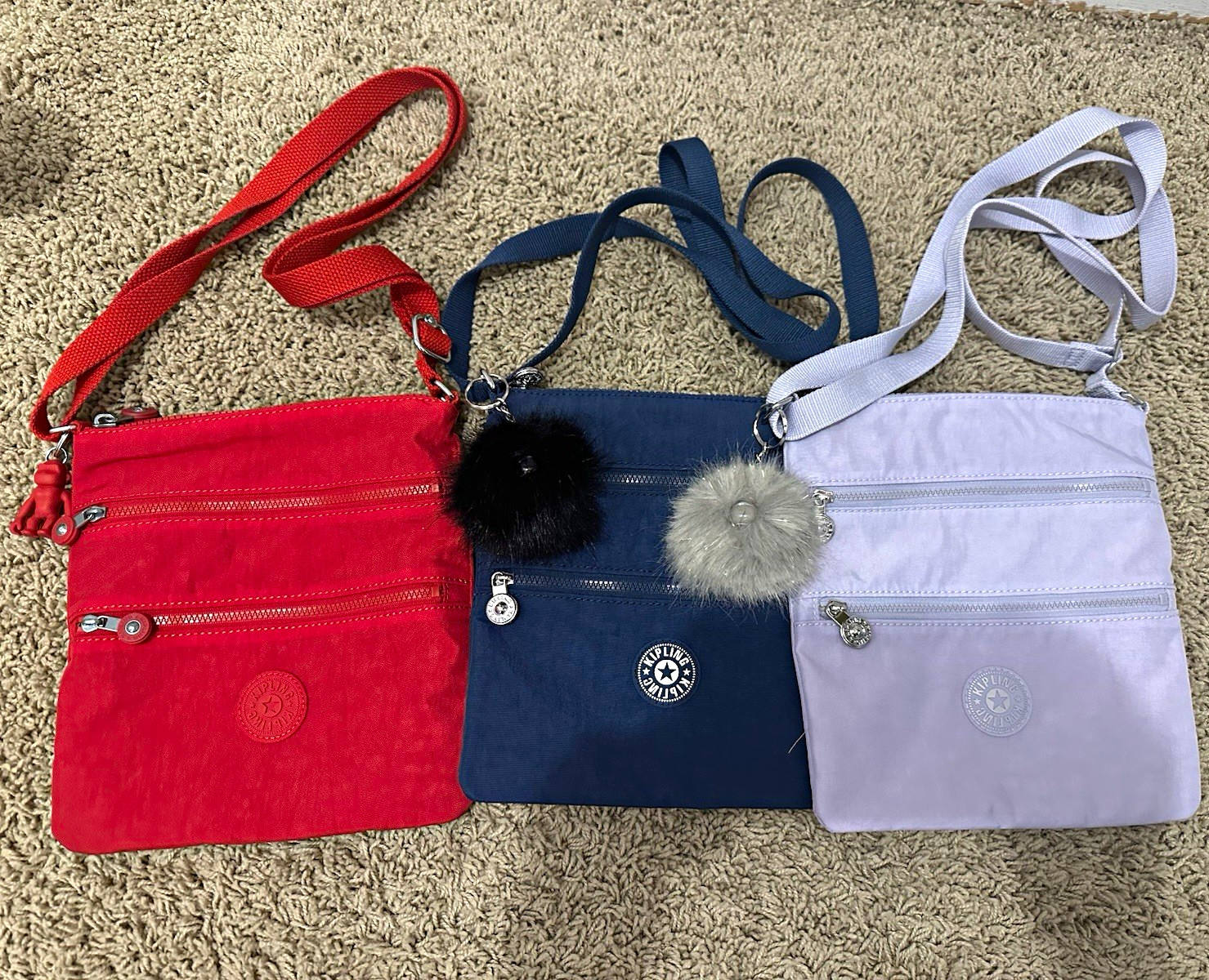 Kipling Pack of 3 Small Crossbody Bags Red, Blue, Lavender. Never used, no tags.