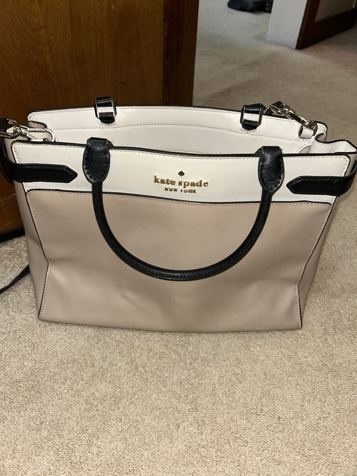 kate spade new york Beige/Black Medium Satchel Zip Top w/ Detachable Strap
