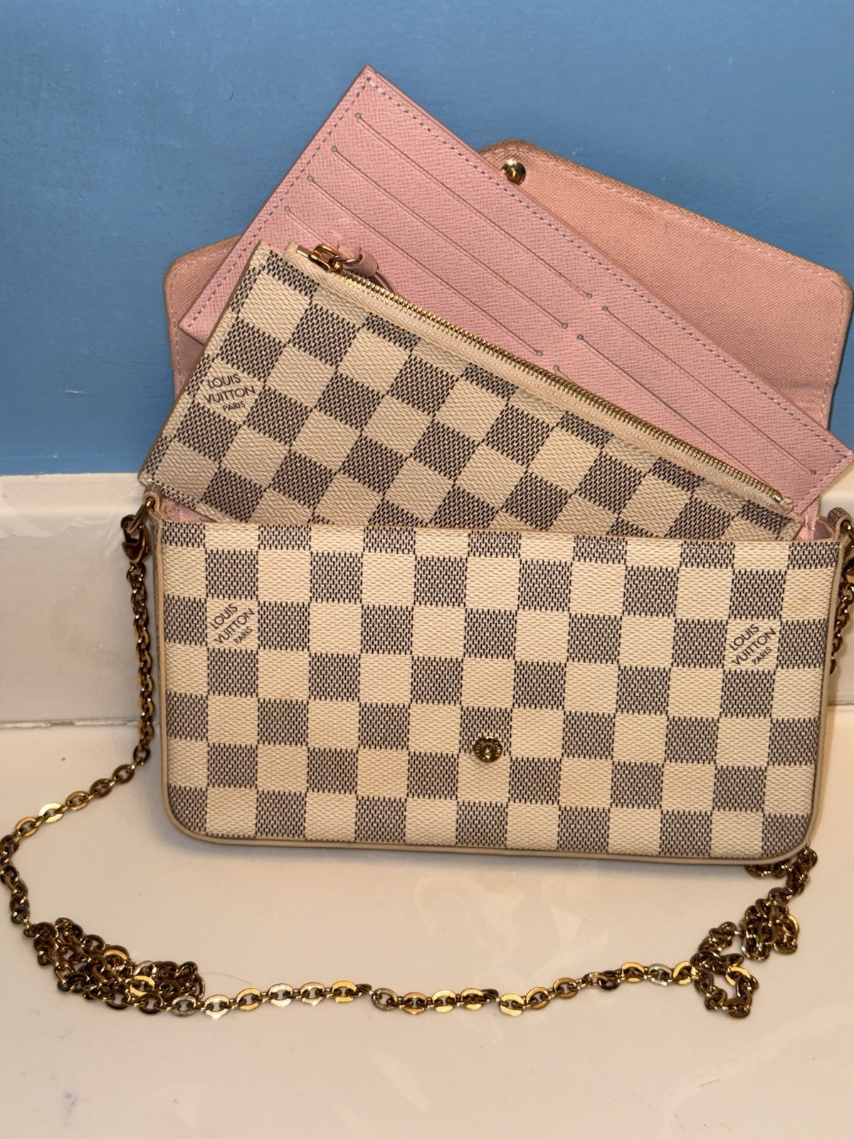 Louis Vuitton Pochette Felicie Damier Azur Azur/Pink Chain Strap Pouch Set