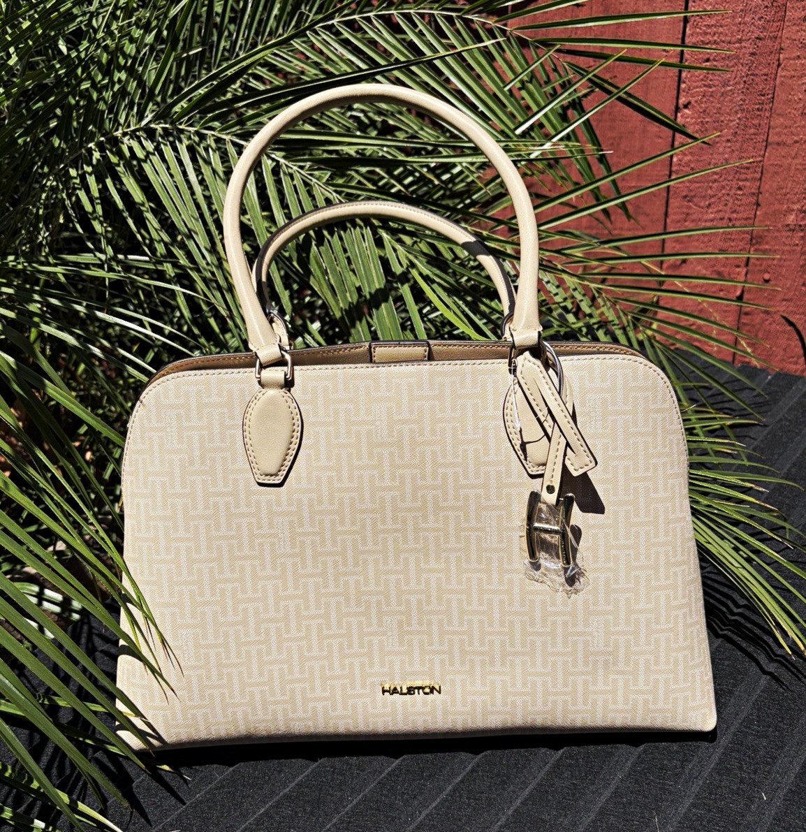 Halston Beige Monogram Satchel Top Handle Bag Gold Hardware Red Lining Strap