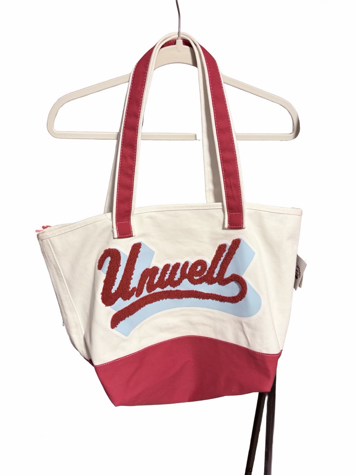 NWT “Unwell” Canvas Tote Bag in White and Red, Open Top, Interior Pocket