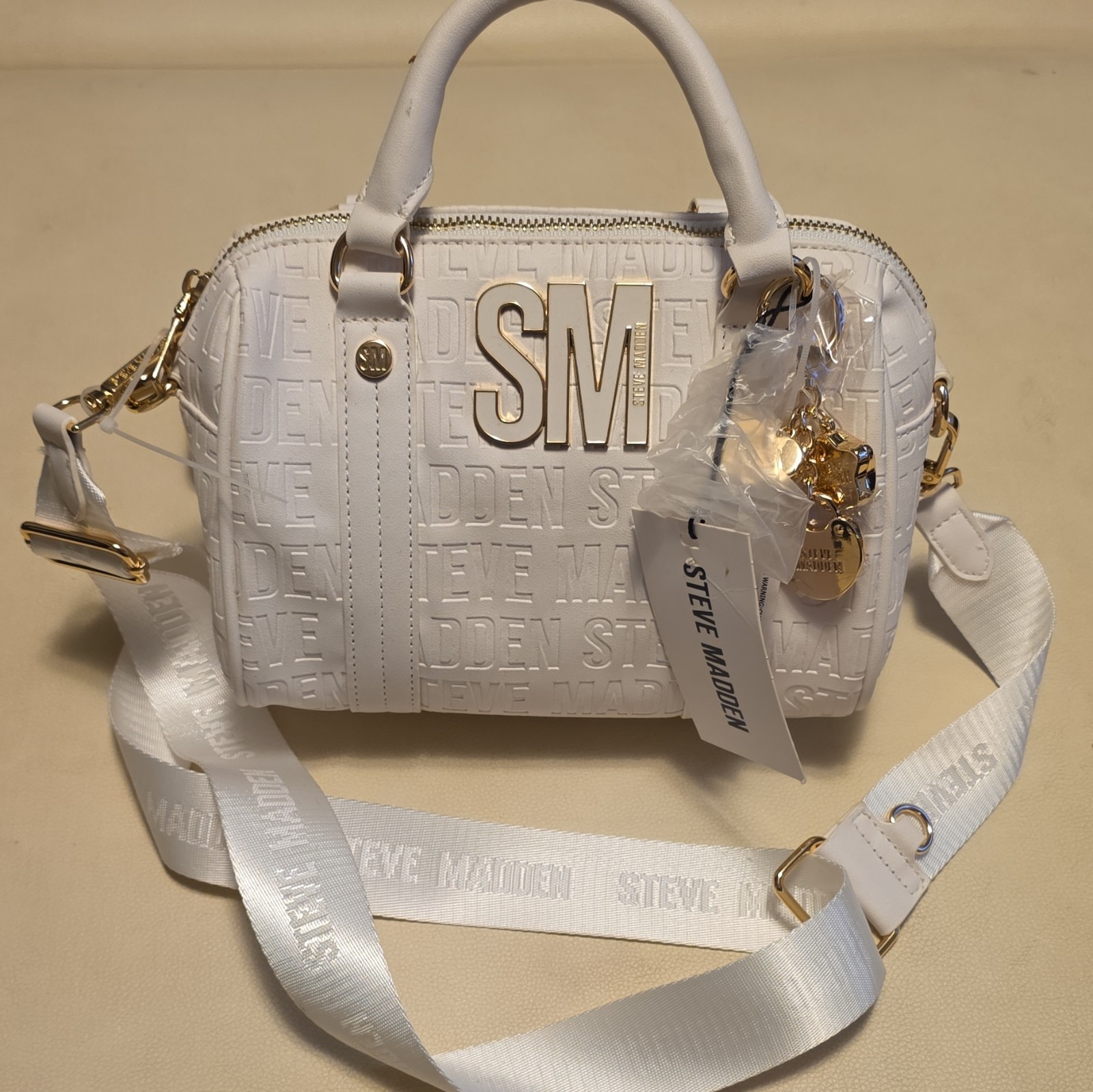 Steve Madden White Logo Satchel Top Handle Zip Bag w/ Detachable Strap