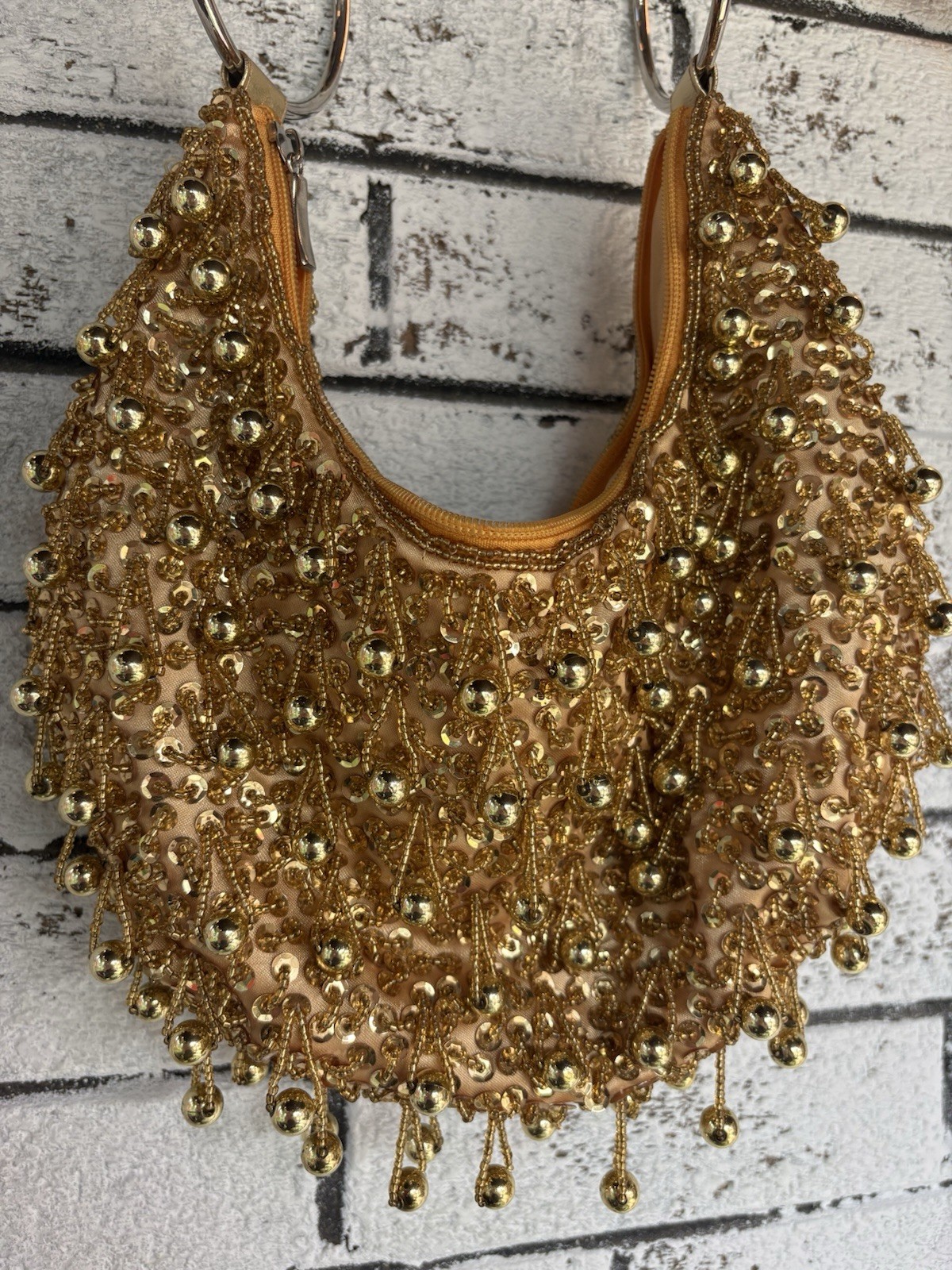 ALDO Vintage Y2K Gold Beaded Sequin Hobo Shoulder Bag O-Ring Handle Evening