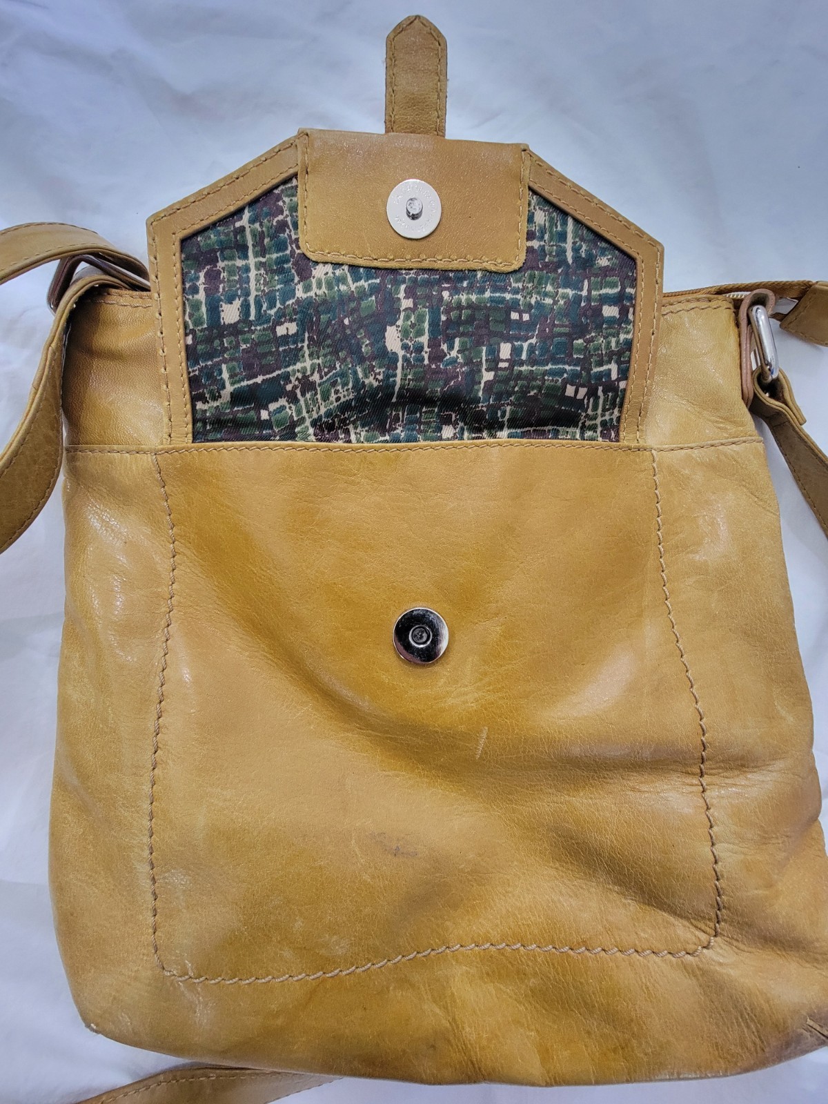 Tan Distressed Shoulder Bag with Buckle Accent, Zip & Snap Closures