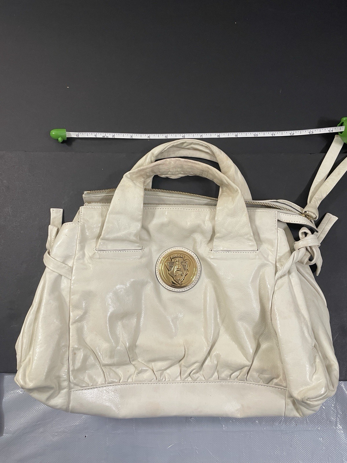 Gucci Ivory Leather Satchel Tote Shoulder Bag Gold Crest Logo COA Authentic