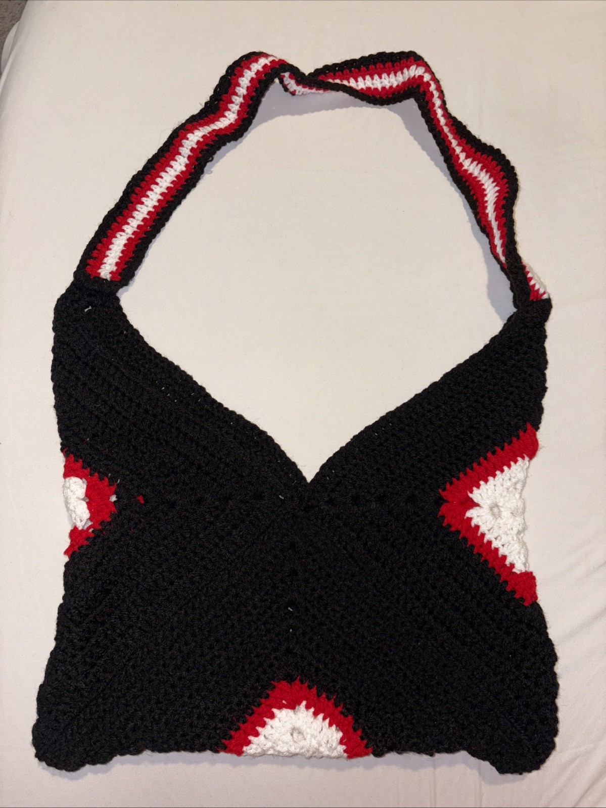Hand Crocheted Black, Red & White Hand Bang