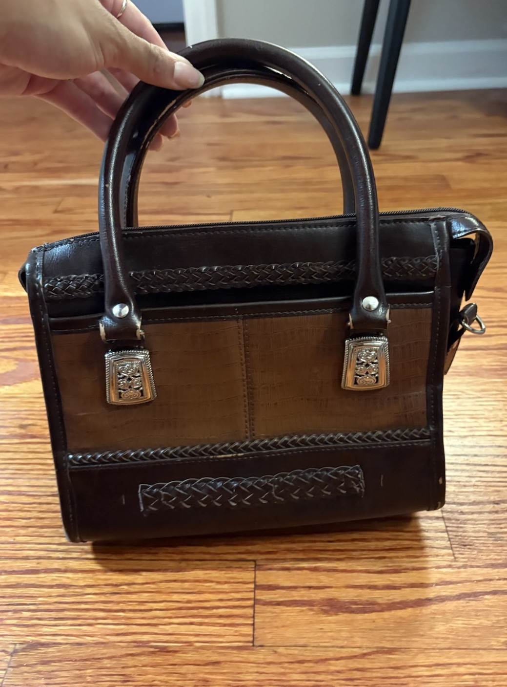 Brighton Brown Satchel Top Handle Zip Bag Braided Accents Silver Hardware