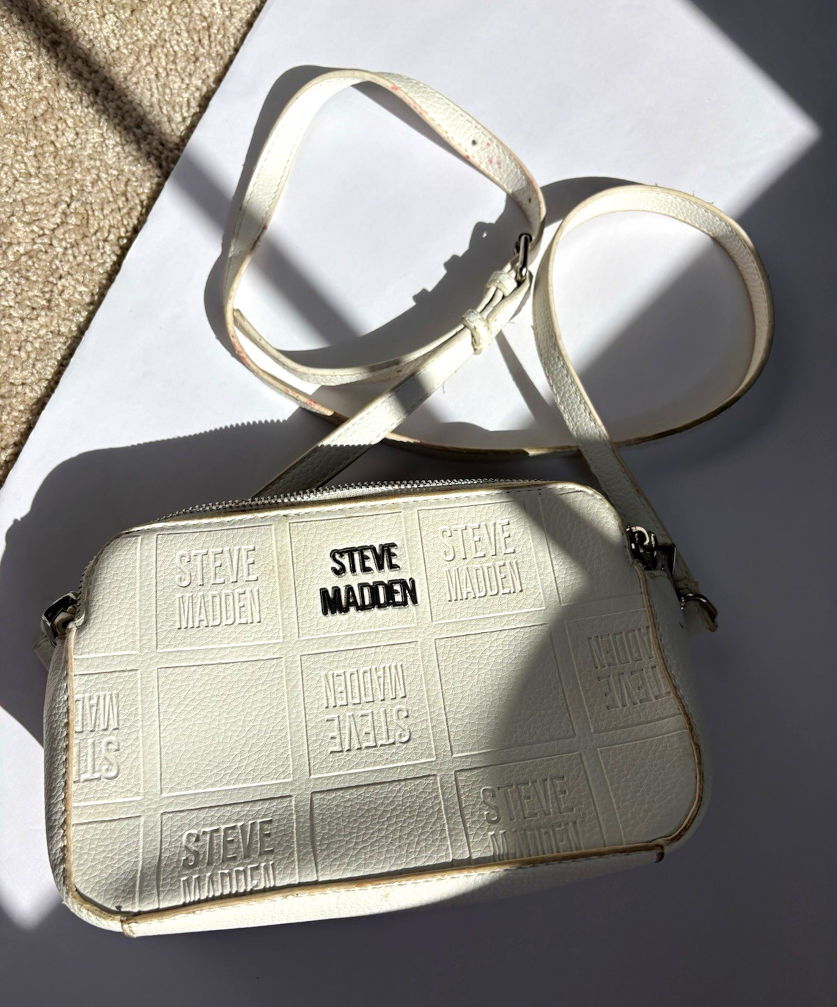 Steve Madden White Logo Embossed Small Crossbody Bag Zip Closure Adjustable