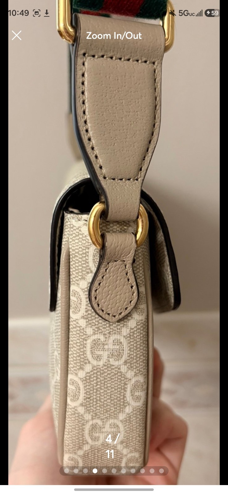 Gucci Ophidia GG Beige Oatmeal Shoulder Bag Green Red Strap Gold Hardware