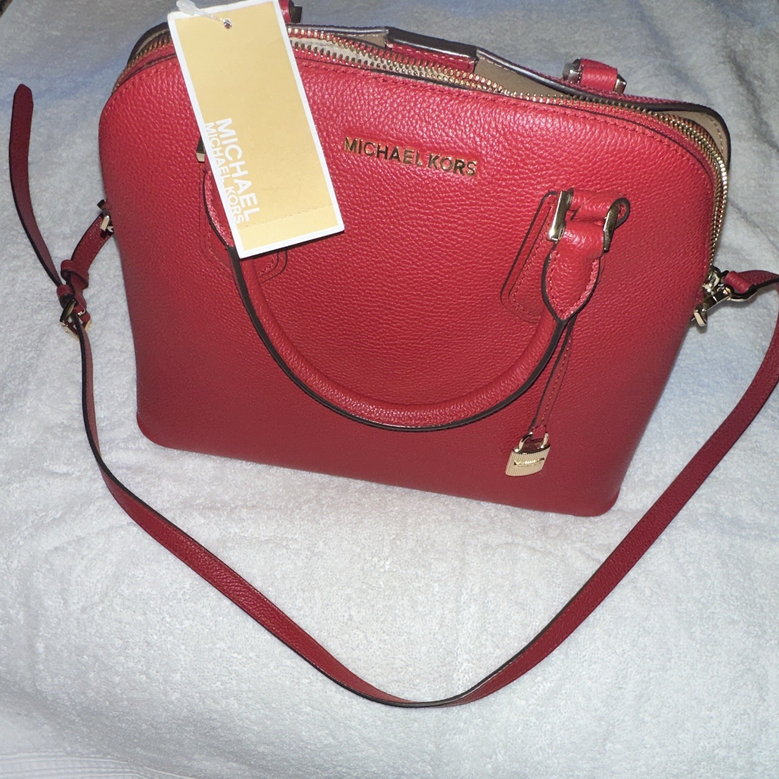 MICHAEL Michael Kors Emmy Dome Satchel Red Zip Top, 10in x 13 in x 5 in