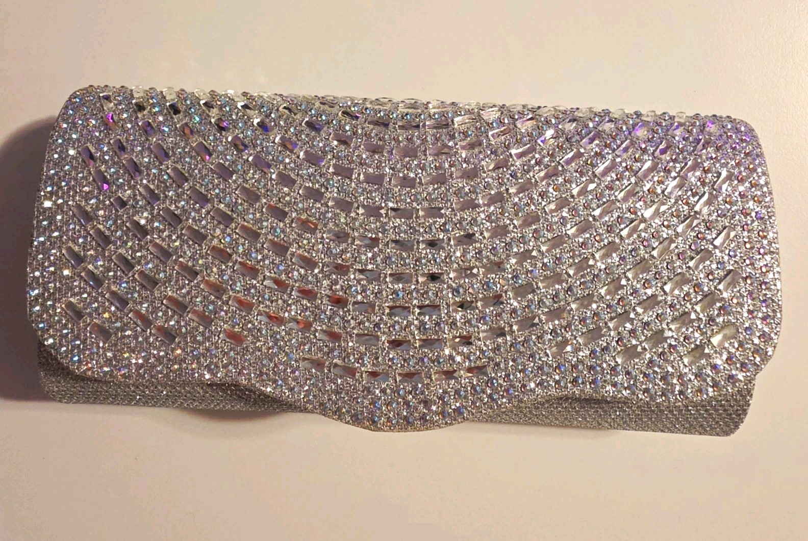 Silver Rhinestone Clutch Evening Bag Magnetic Closure No Straps.