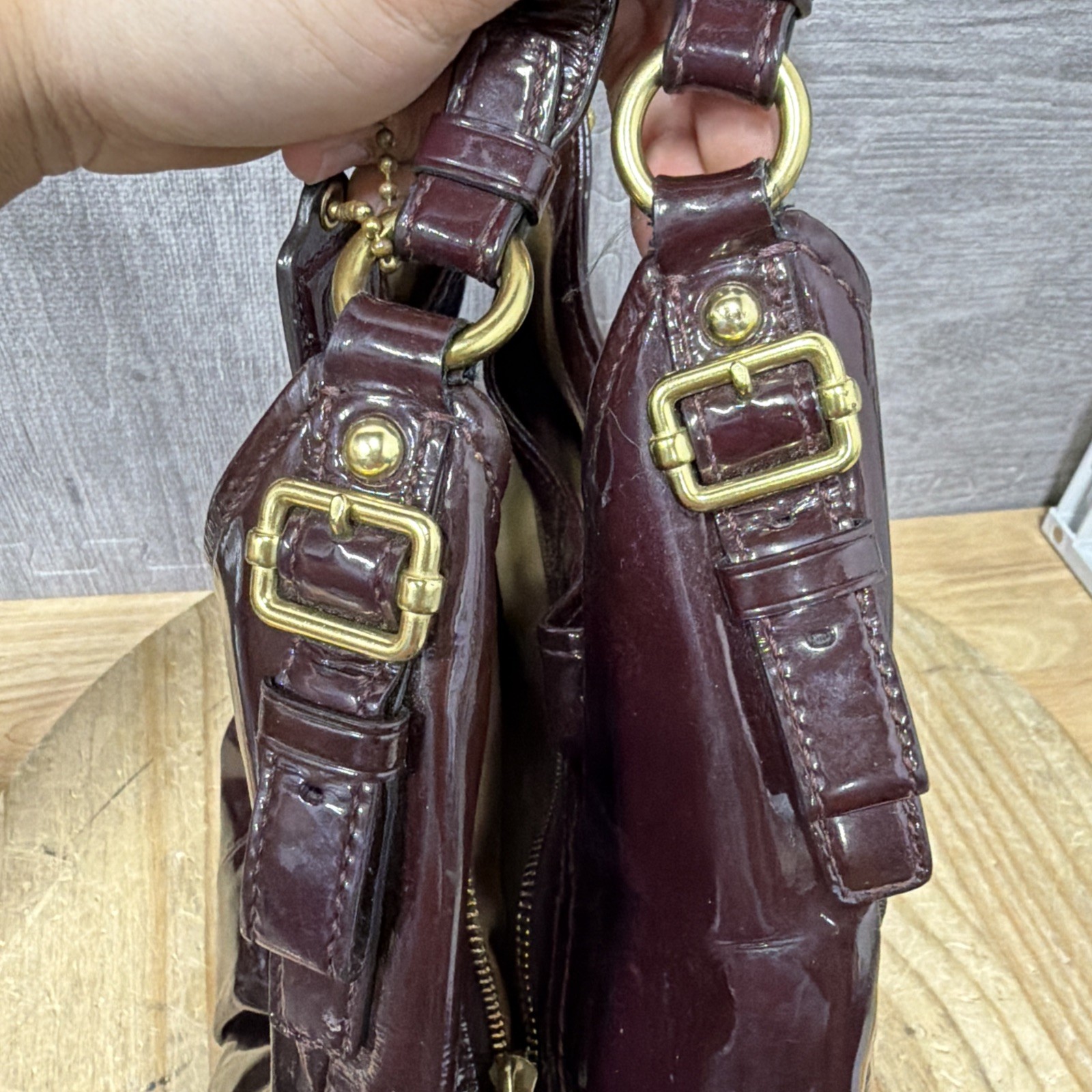 Coach 18760 Madison Maggie Plum Purple Patent Leather Hobo Shoulder Bag