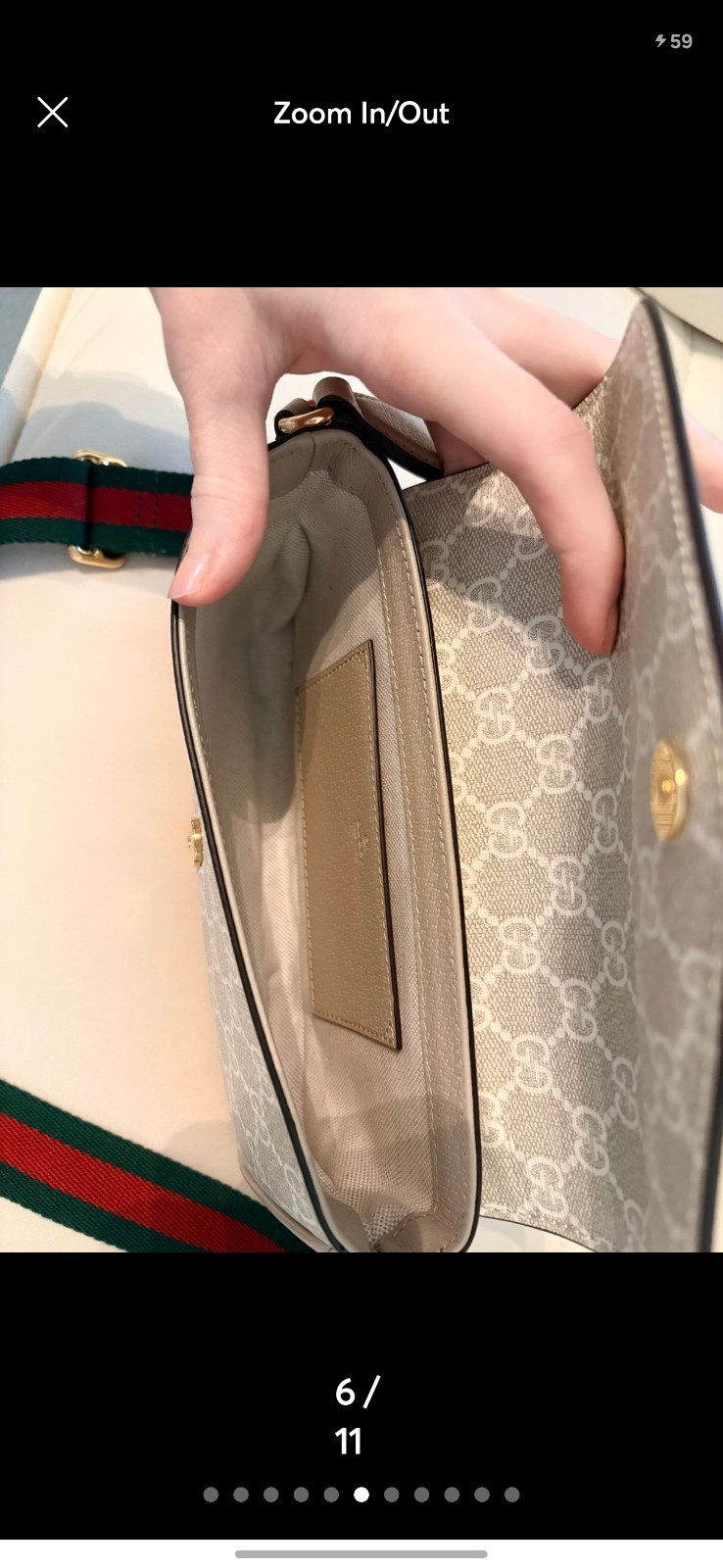 Gucci Ophidia GG Beige Oatmeal Shoulder Bag Green Red Strap Gold Hardware