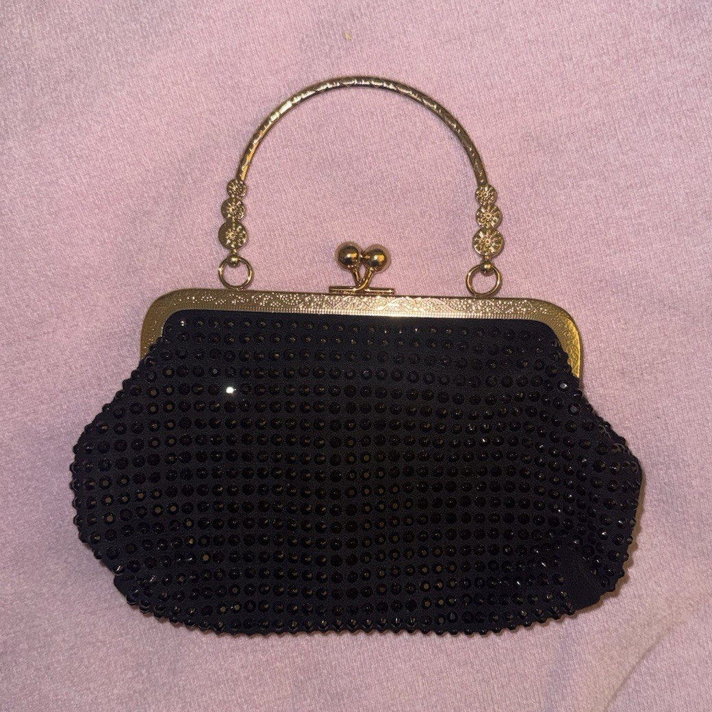 Black Beaded Clutch Evening Bag, Gold-Tone Kiss Lock, Top Handle, Chain Strap