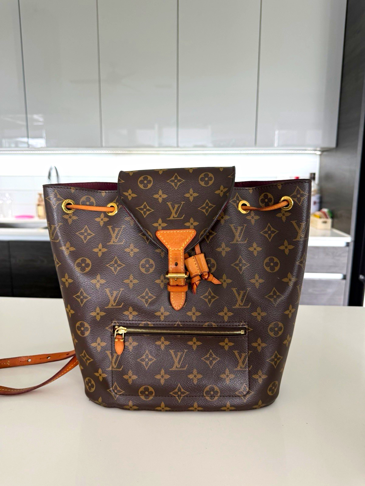 Louis Vuitton Monogram PM Brown Drawstring Backpack w/ Buckle, Front Zip Pocket