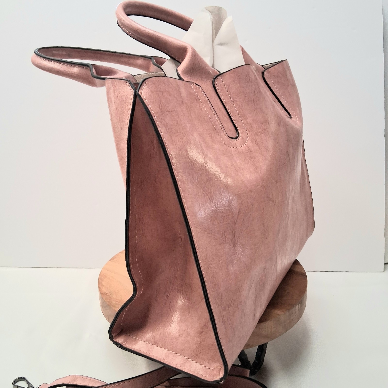 Dusty Pink PU Leather Tote Handbag Unbranded Strap Pockets Brown Liner EUC