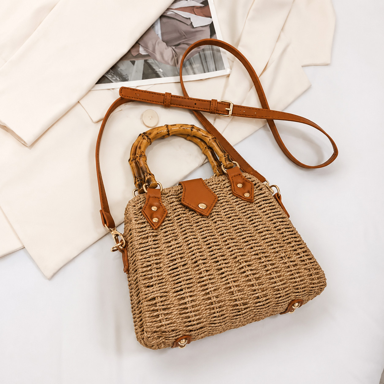 Handmade Woven Straw Handbag Bamboo Handle Crossbody Beach Tote Purse for Women
