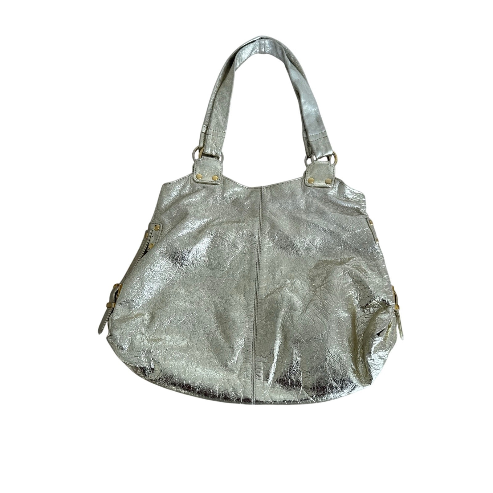 Vintage Y2K Metallic Silver Leather Hobo Shoulder Bag Gold Hardware Slouchy Tote