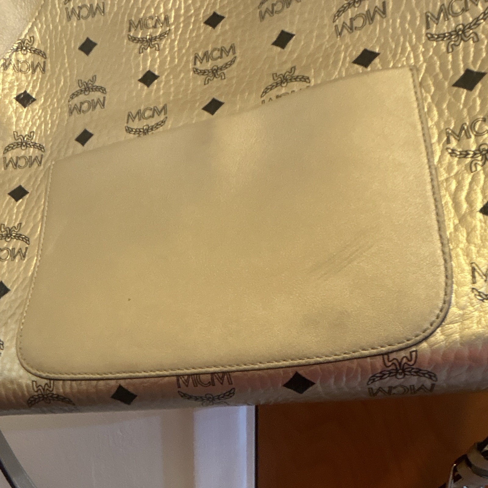 MCM Women’s Metallic Gold Logo Shoulder Bag Zip Closure Detachable Strap