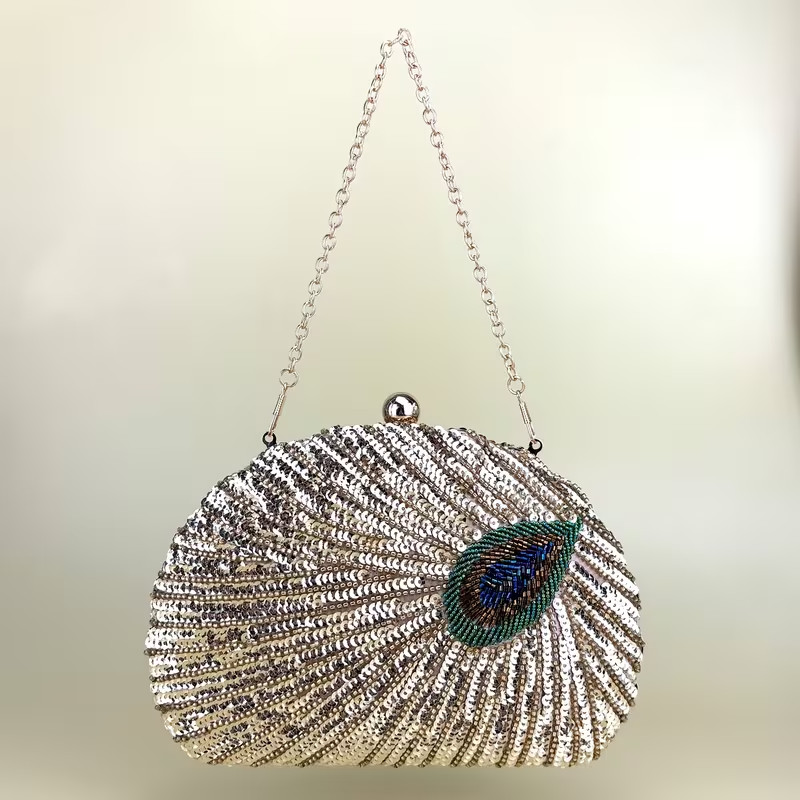 Beaded Peacock Clutch Handbag Shoulder Bag Sequin Embroidered Evening Purse
