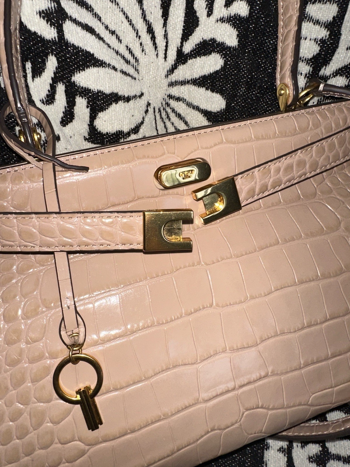 Tory Burch Lee Radziwill Beige Crocodile Embossed Turn Lock Satchel