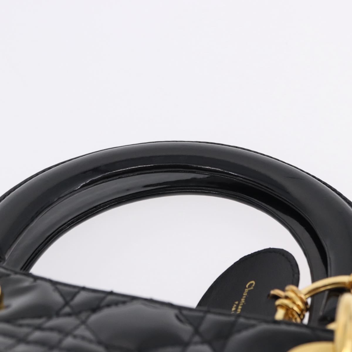 Christian Dior Lady Dior Canage Hand Bag Patent leather Black Gold Auth 194734V