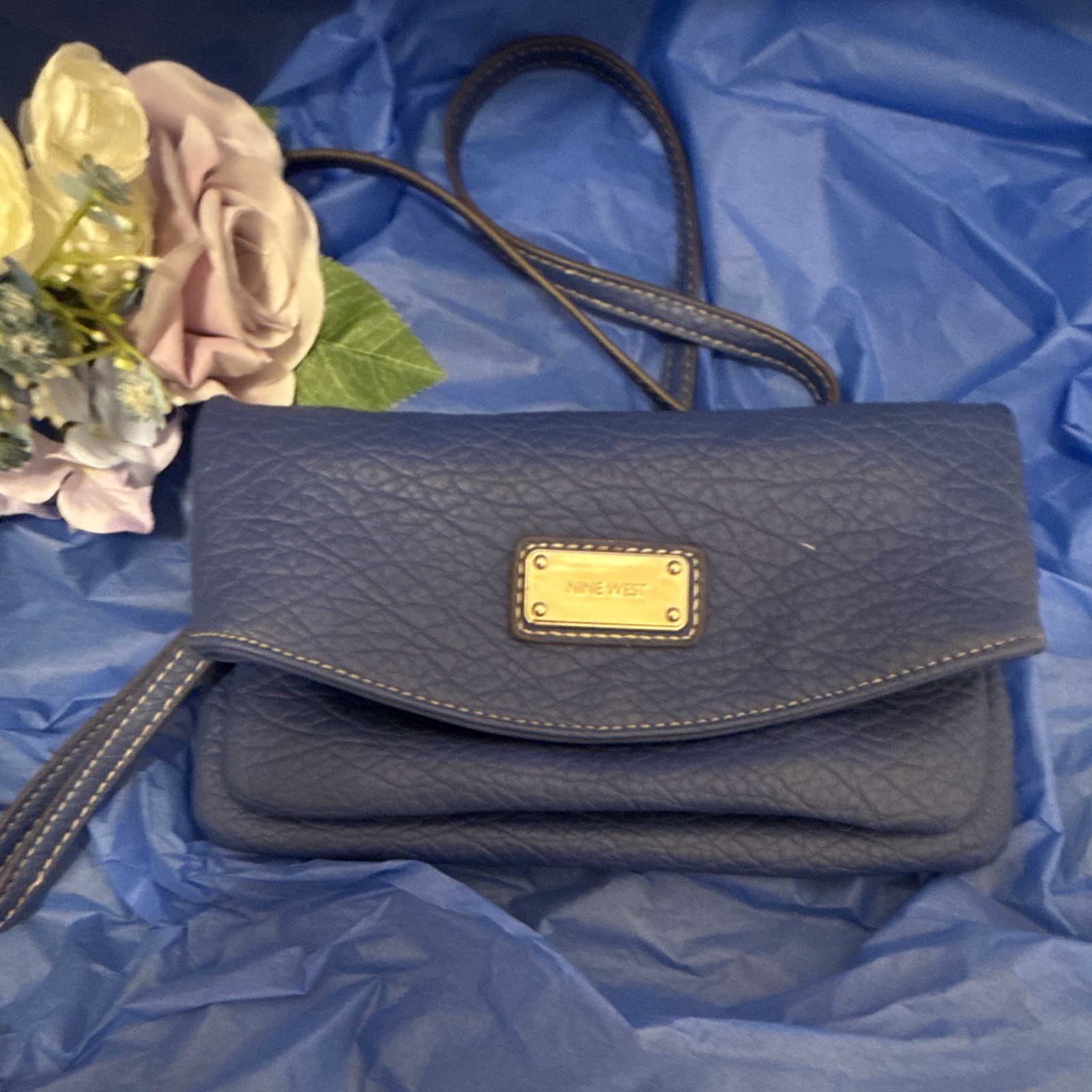 Nine West Blue Pebbled Crossbody Bag, Chain Accents, Detachable Strap, Small