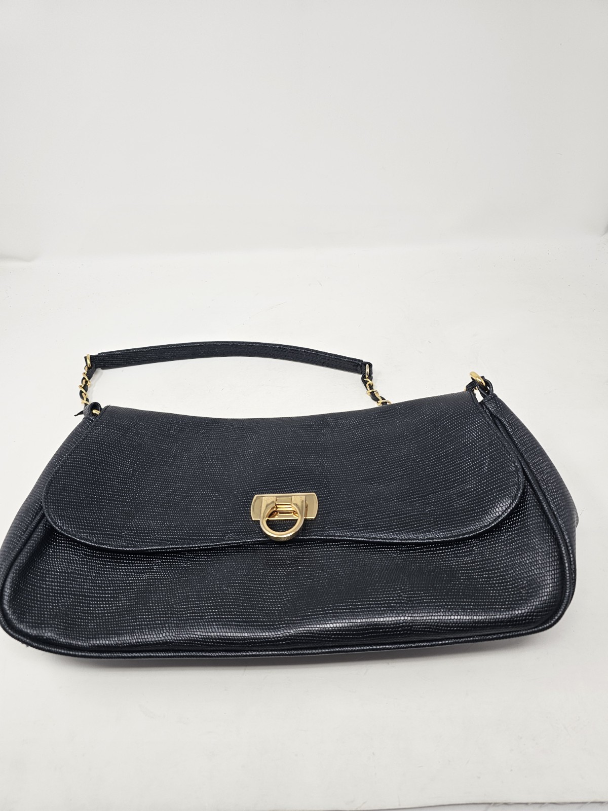 Lord & Taylor Black Textured Leather Shoulder Bag Gold Colored Hardware