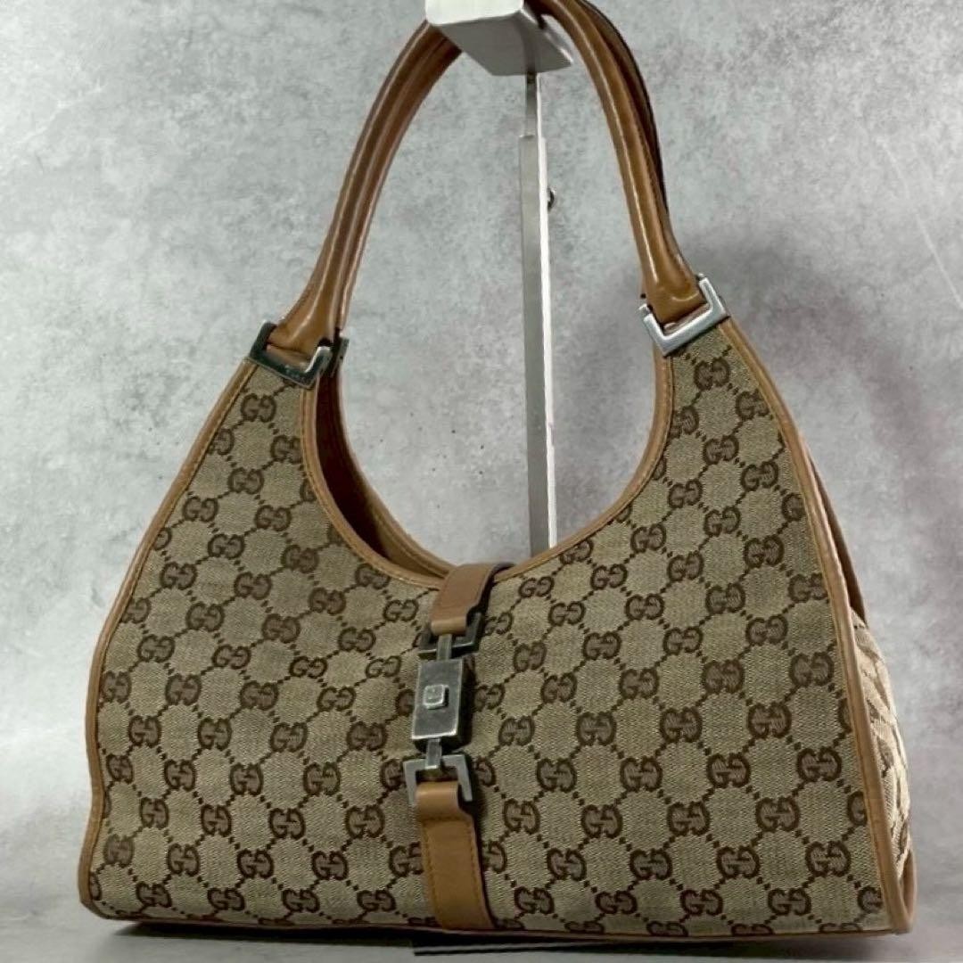 Authentic Gucci Jackie GG Canvas Mini Shoulder Bag Brown 14cm x 31cm x 10cm Leat