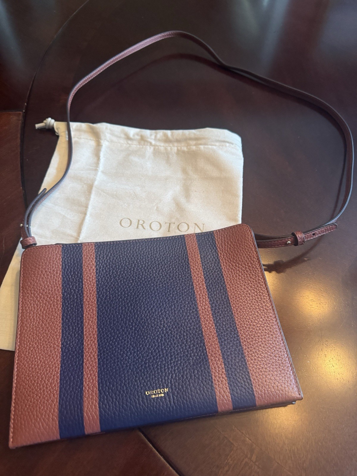 NWT Oroton Brown/Navy Striped Small Crossbody Bag Zip Lined w Dust Bag