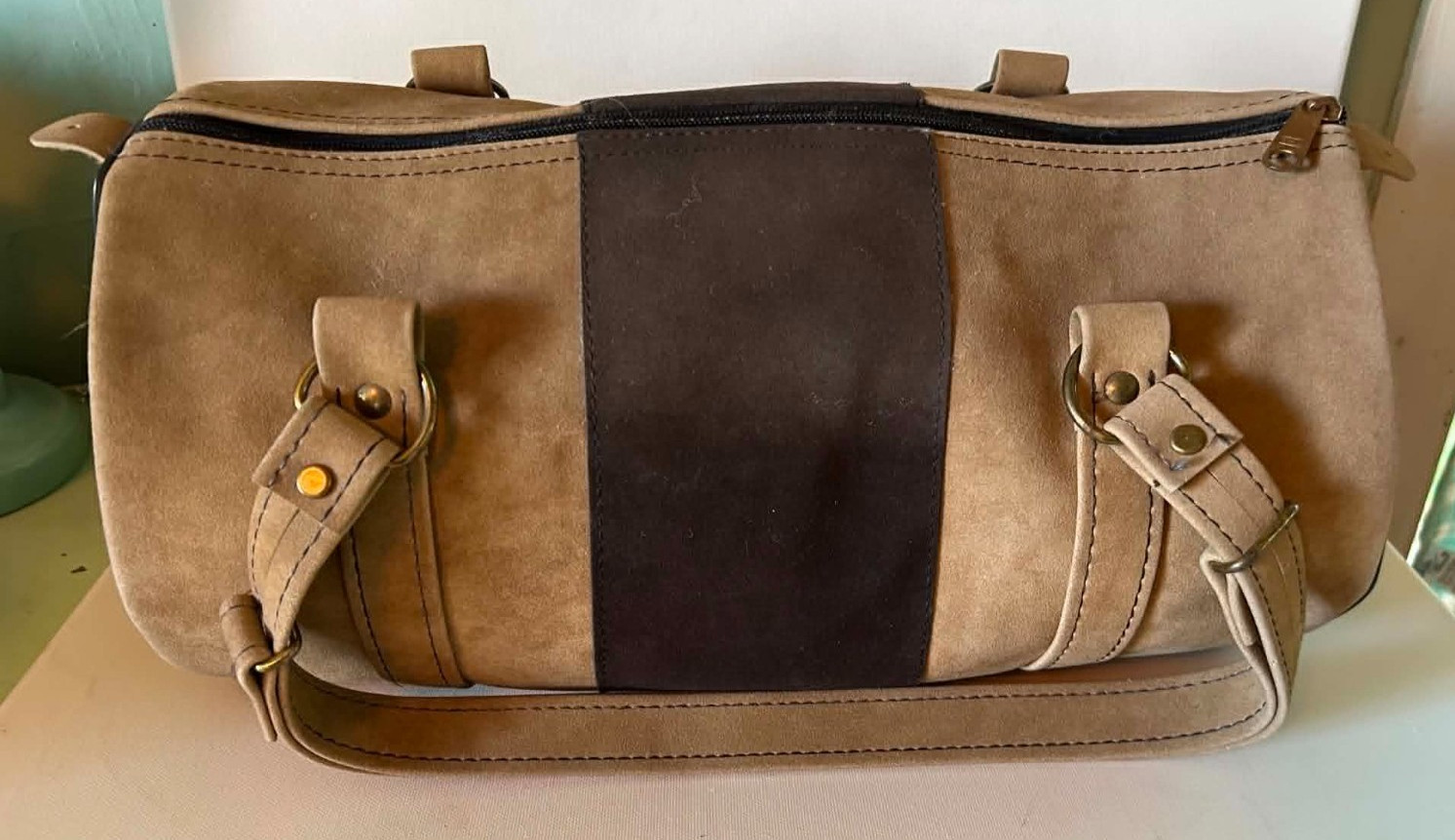 Vintage 70s 80s Suede Barrel Bag Two Tone Brown Tan YKK Zipper Retro Cylinder