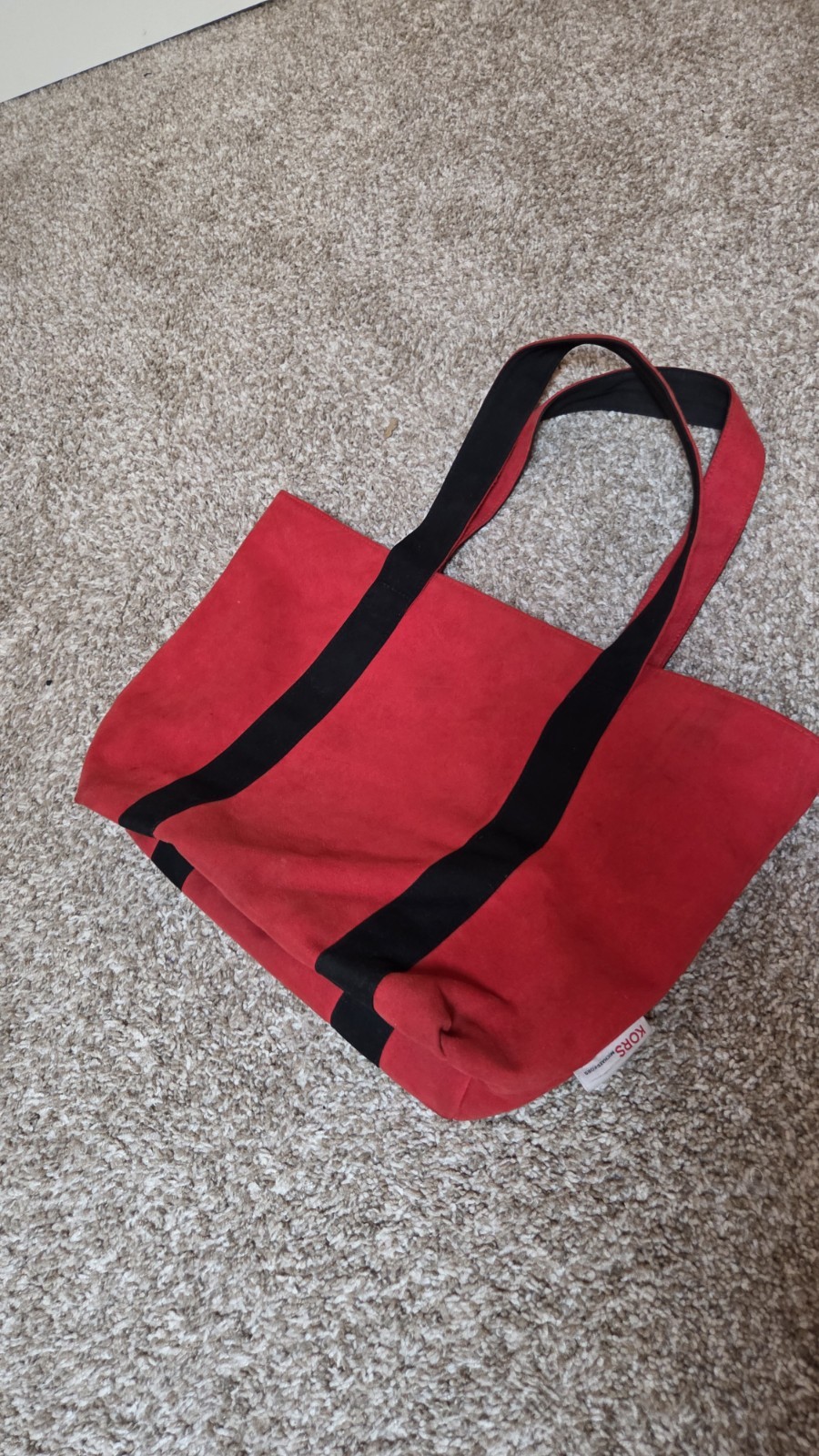Vintage Michael Kors Red Suede Tote Bag Black Web Handles Classic Carryall Open