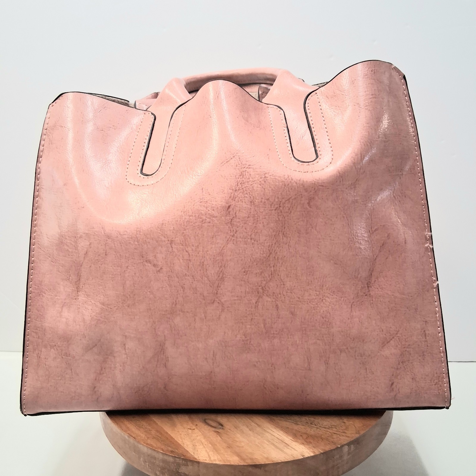 Dusty Pink PU Leather Tote Handbag Unbranded Strap Pockets Brown Liner EUC