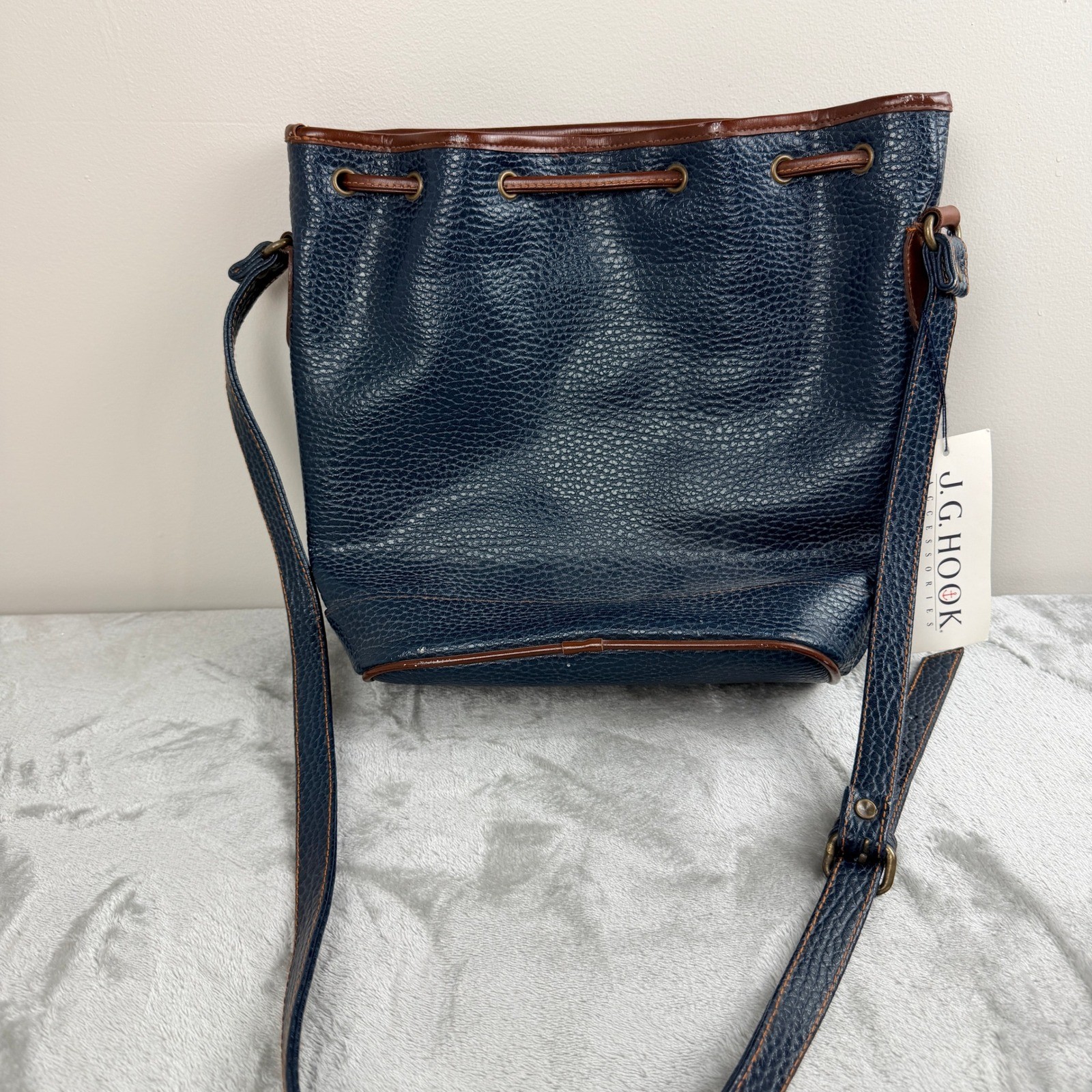 JG Hook Navy Blue Pebbled Crossbody Bucket Bag Brown Trim Vintage Nautical Style