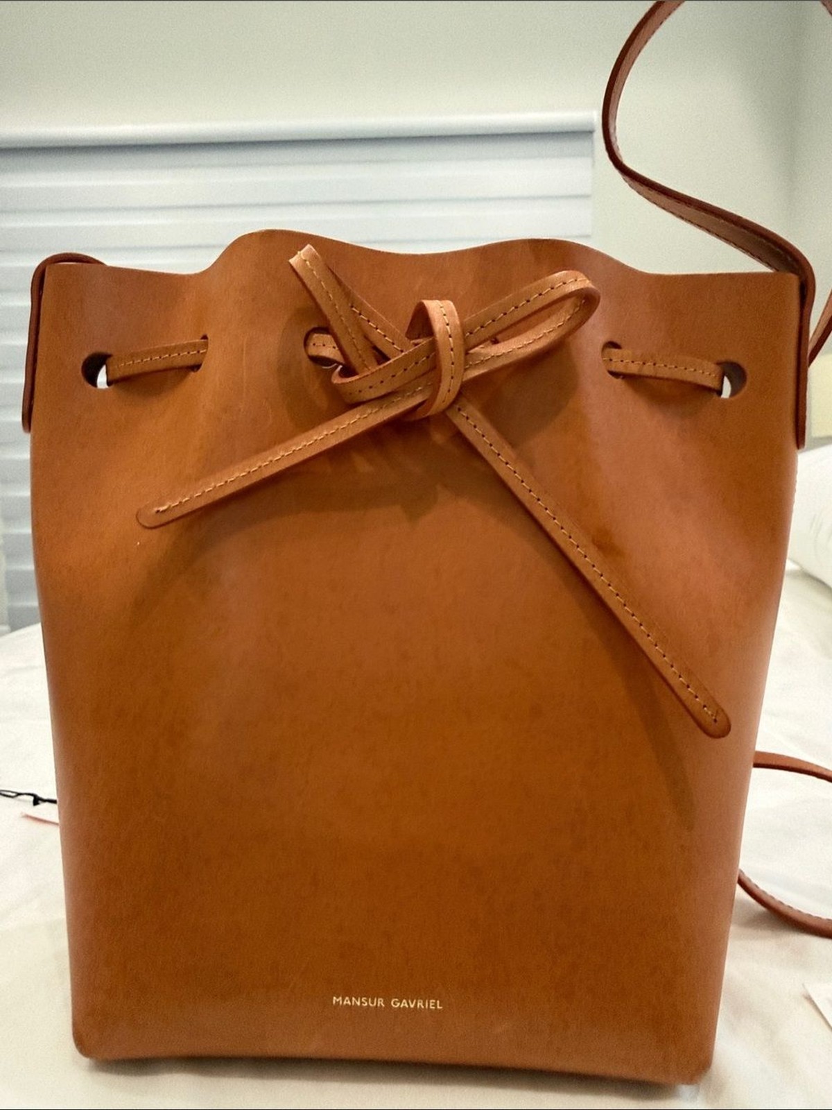 Mansur Gavriel Cognac Leather Drawstring Mini Bucket Bag