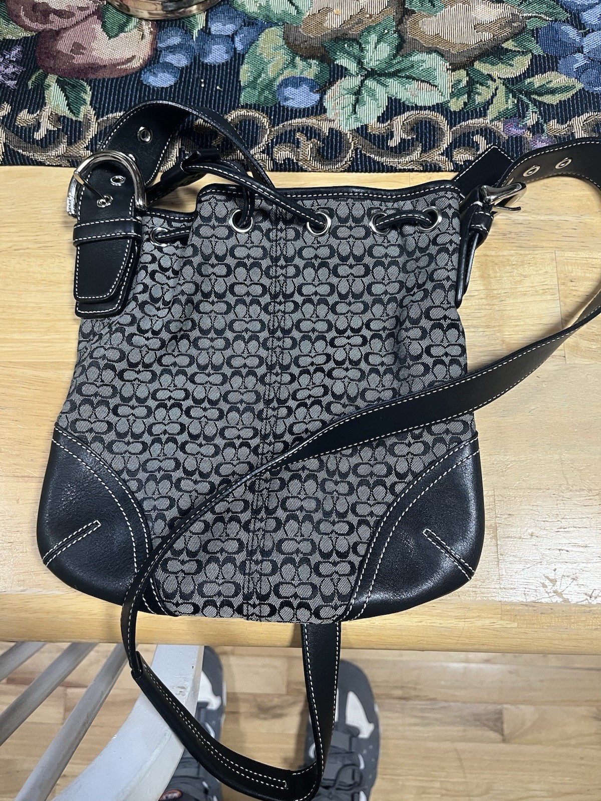 COACH BEAN Drawstring Y2K Brown/Grey Canvas Signature C Leather 6387 Crossbody