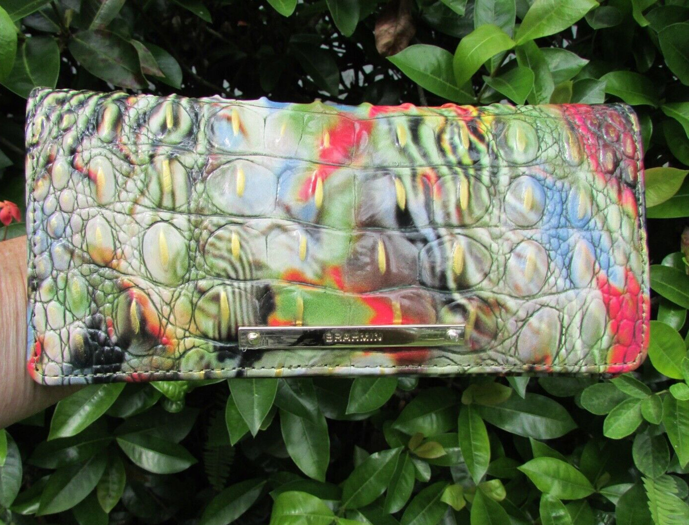 BRAHMIN ADY GREEN RED BLACK ZEBRA STRIPE MULTI WHIMSICAL LEATHER WALLET -RARE!