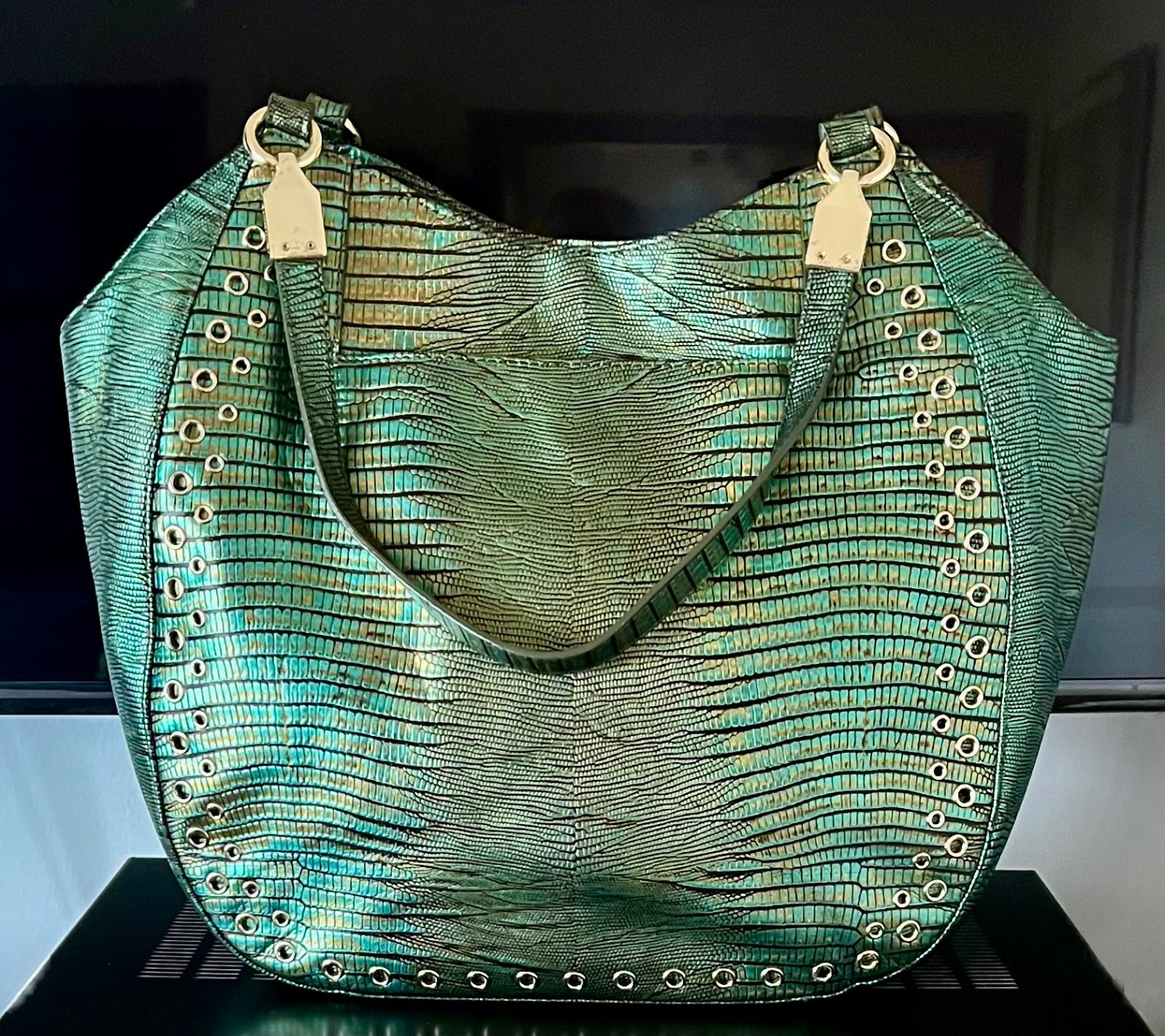 ☘️💚☘️ Brahmin Emerald Moa Marianna Purse Blue Green Gold Lizard Grommets Tassel