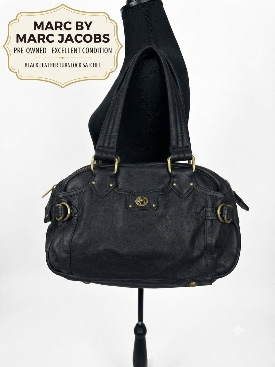 Marc by Marc Jacobs Black Satchel Top Handle Zip Turn Lock Gold Hardware Pockets