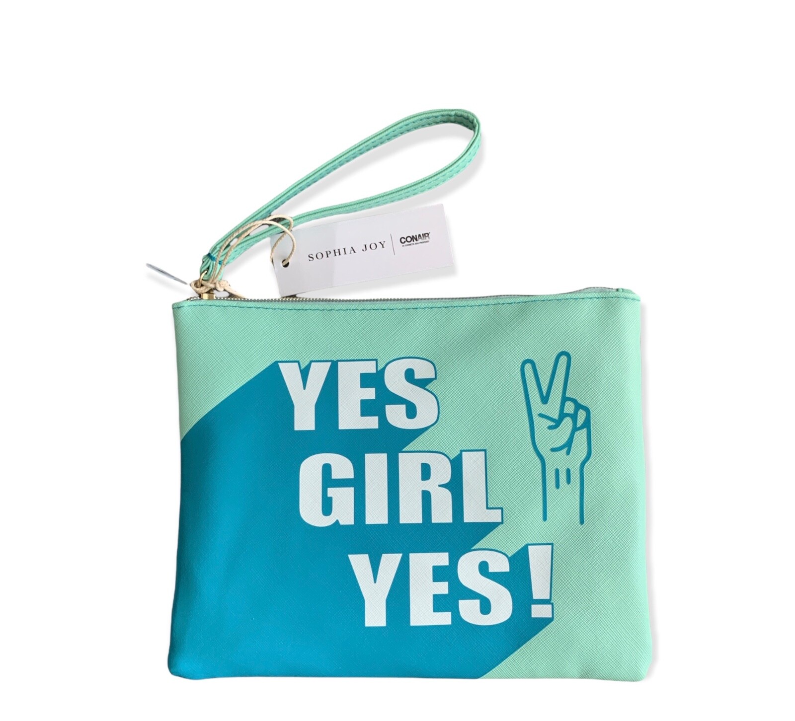 Sophia Joy Conair Teal Wristlet Bag 7″ x 9″ “Yes Girl Yes” Emblem Zip Closure