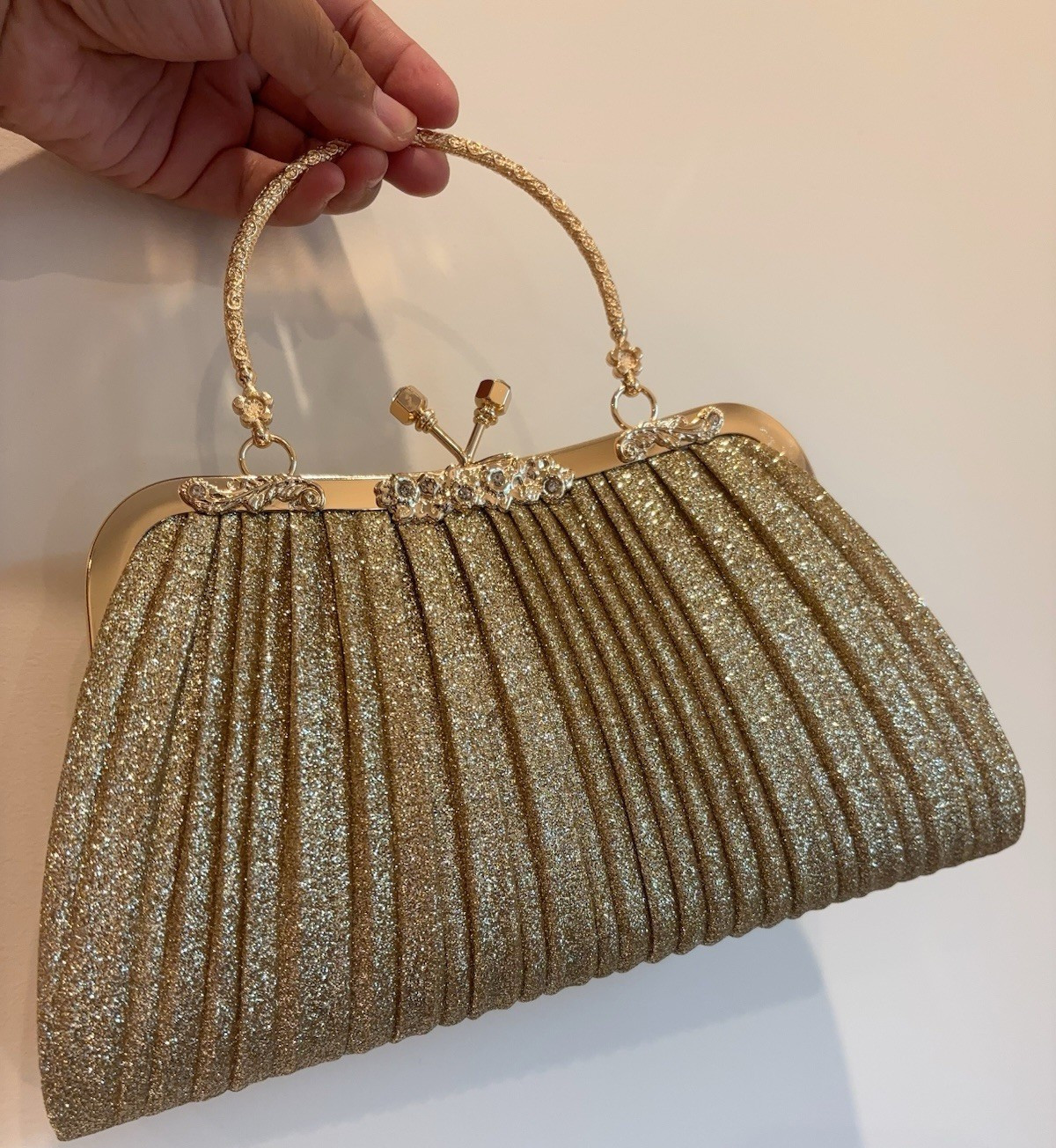 Gold Glitter Evening Clutch Top Handle Clasp Closure Party/Cocktail Formal