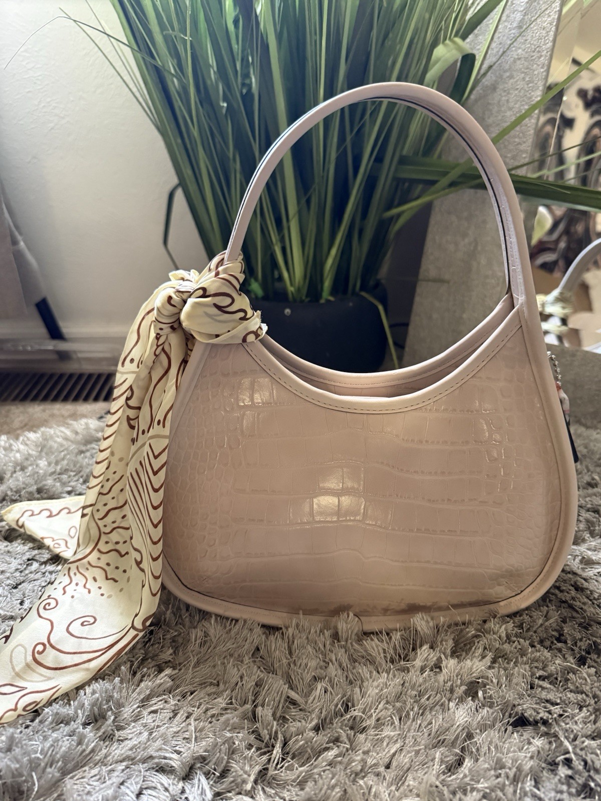 Coach Coachtopia Small Crescent Croc Embossed Shoulder Bag & Charm, Beige