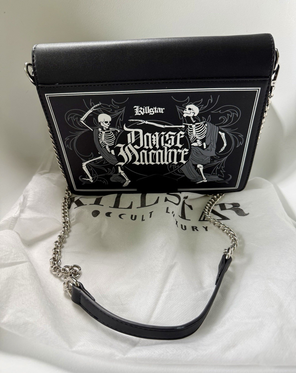 Killstar Black Gothic Skull Graphic Crossbody Bag, Chain Strap, Magnetic Closure