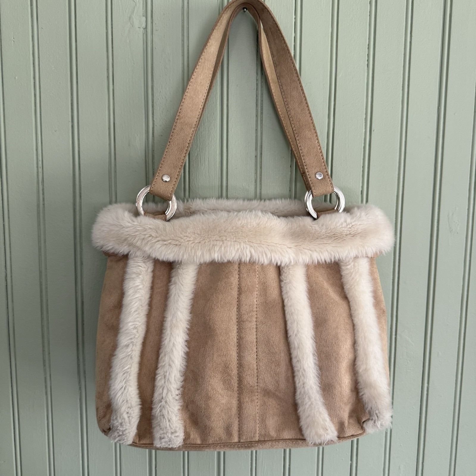 Y2K Shoulder Bag Faux Suede Fur Trim Fairy Fuzzy Boho Festival 2000s Tan Cream