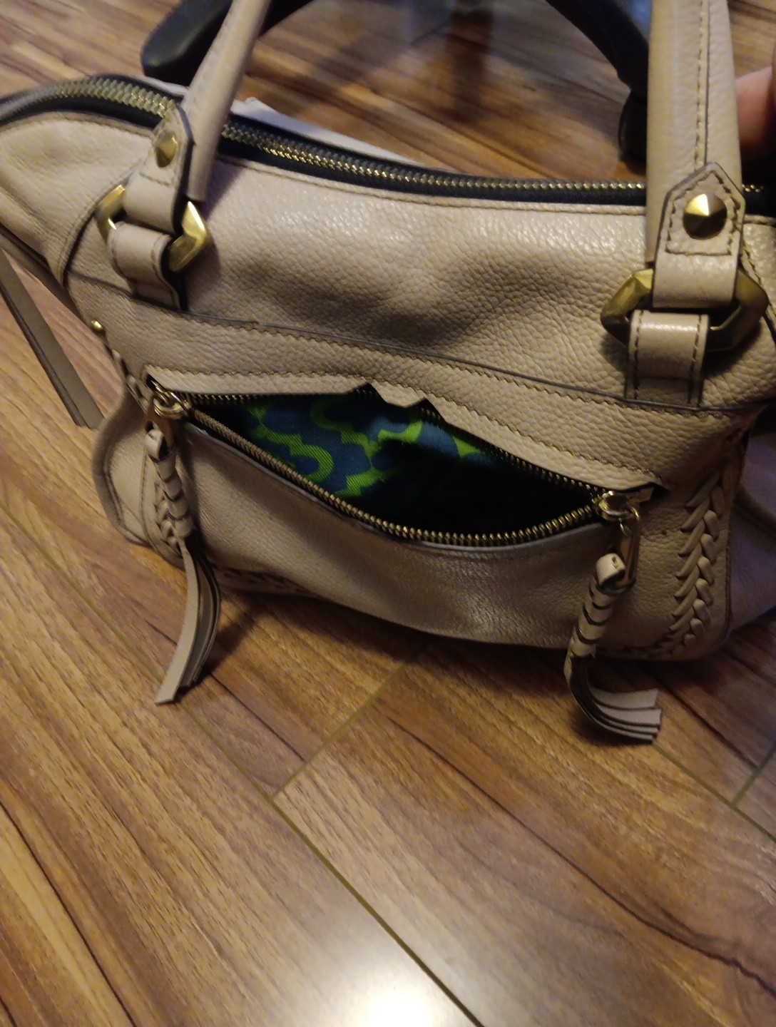 orYANY Beige Pebbled Leather Zipper Pockets Woven Top Handle Satchel Bag