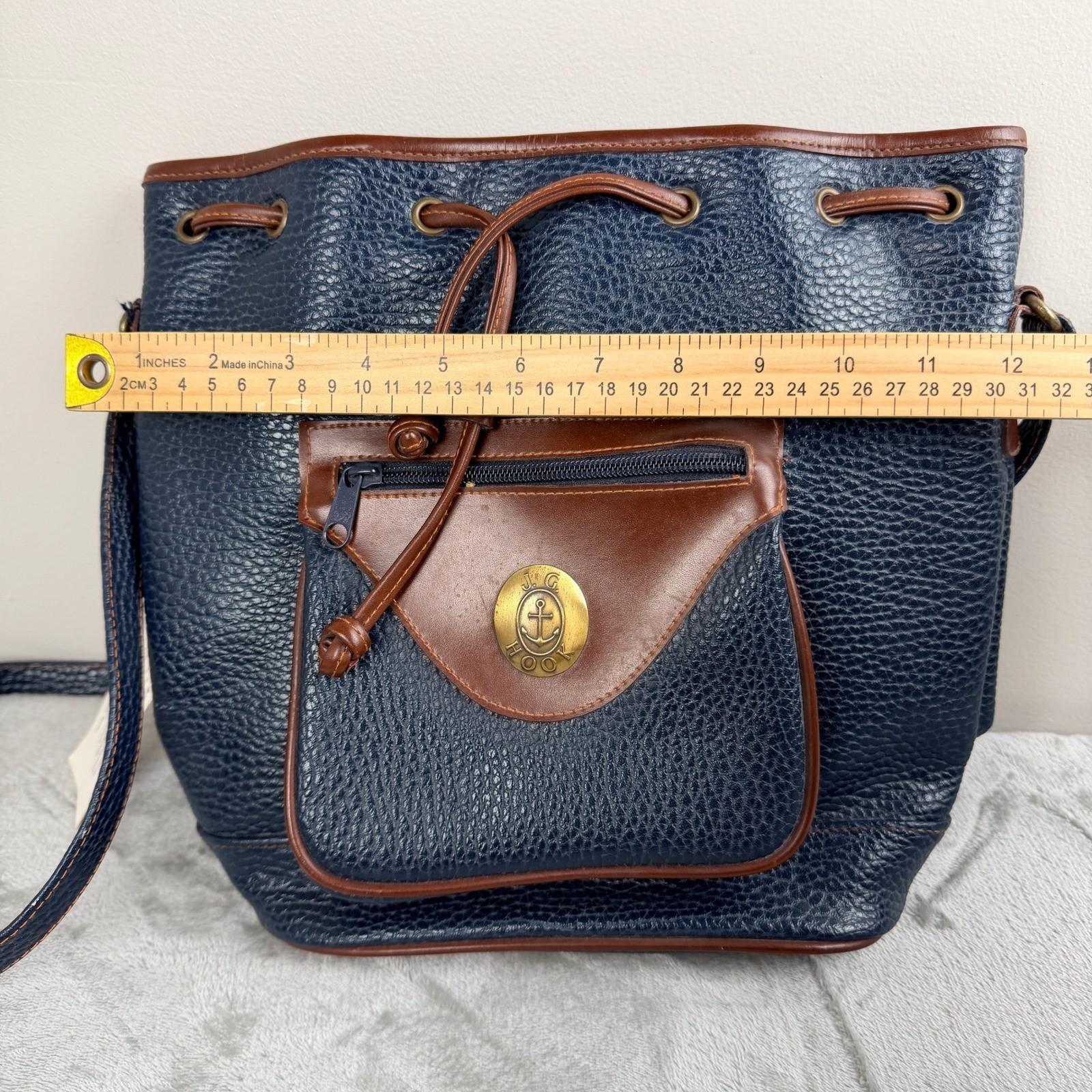 JG Hook Navy Blue Pebbled Crossbody Bucket Bag Brown Trim Vintage Nautical Style