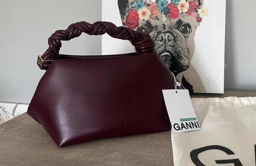 GANNI Bou Burgundy Top Handle Bag Magnetic Closure Detachable Strap