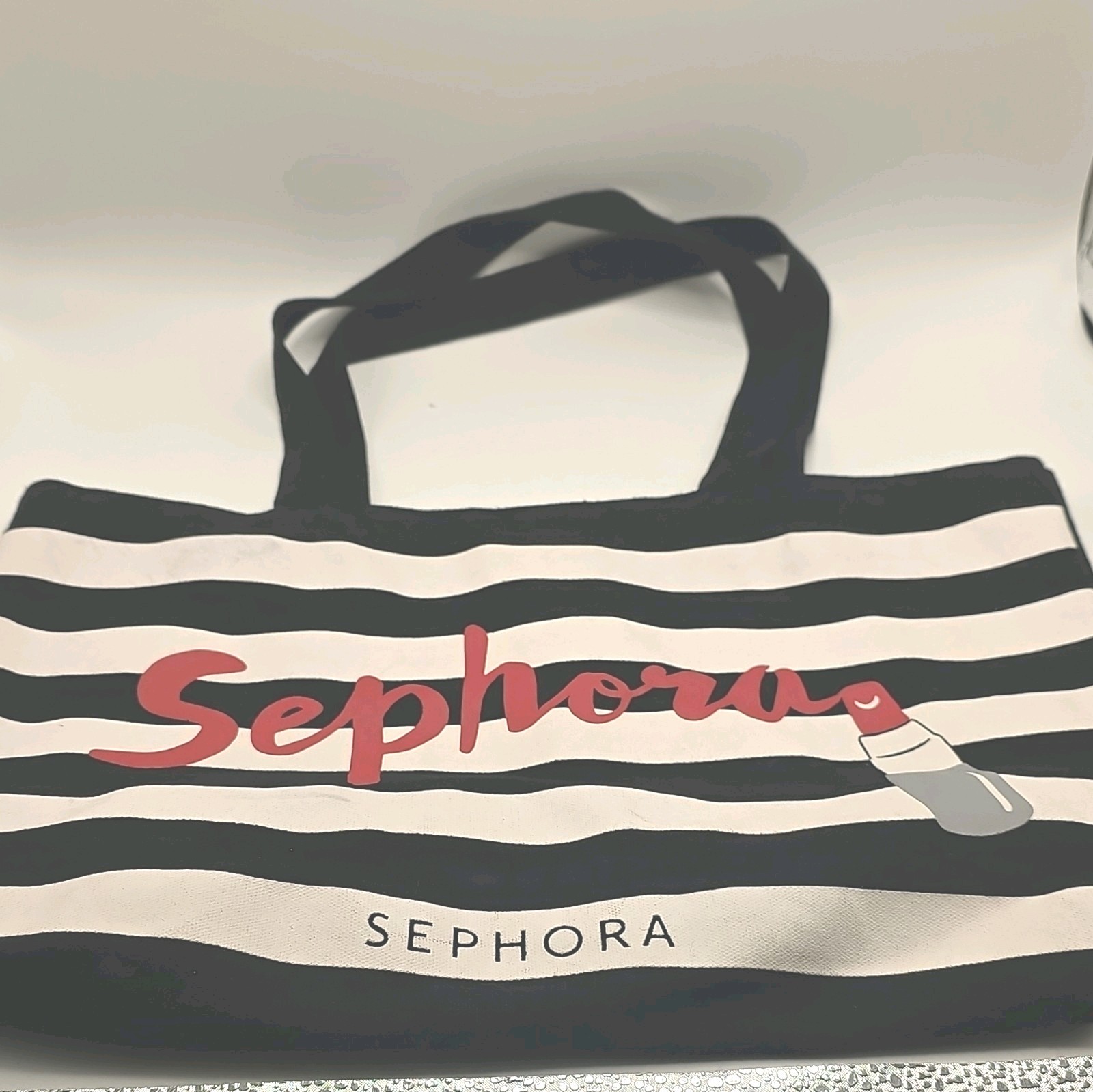 Sephora Black & White Striped Tote with Red Logo and Lip Graphic