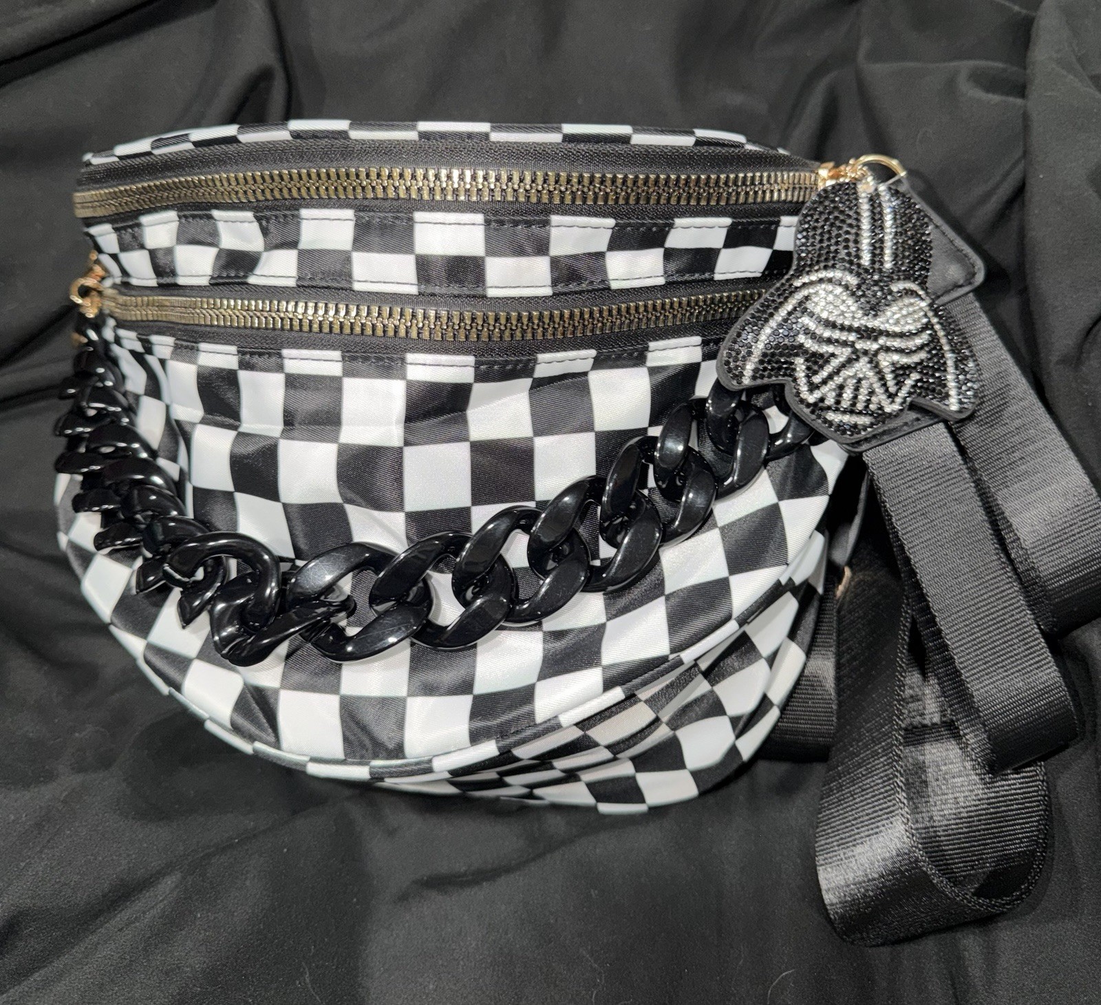 Black & White Checkered Bumbag with Chain & Rhinestone Darth Vader Bag Charm