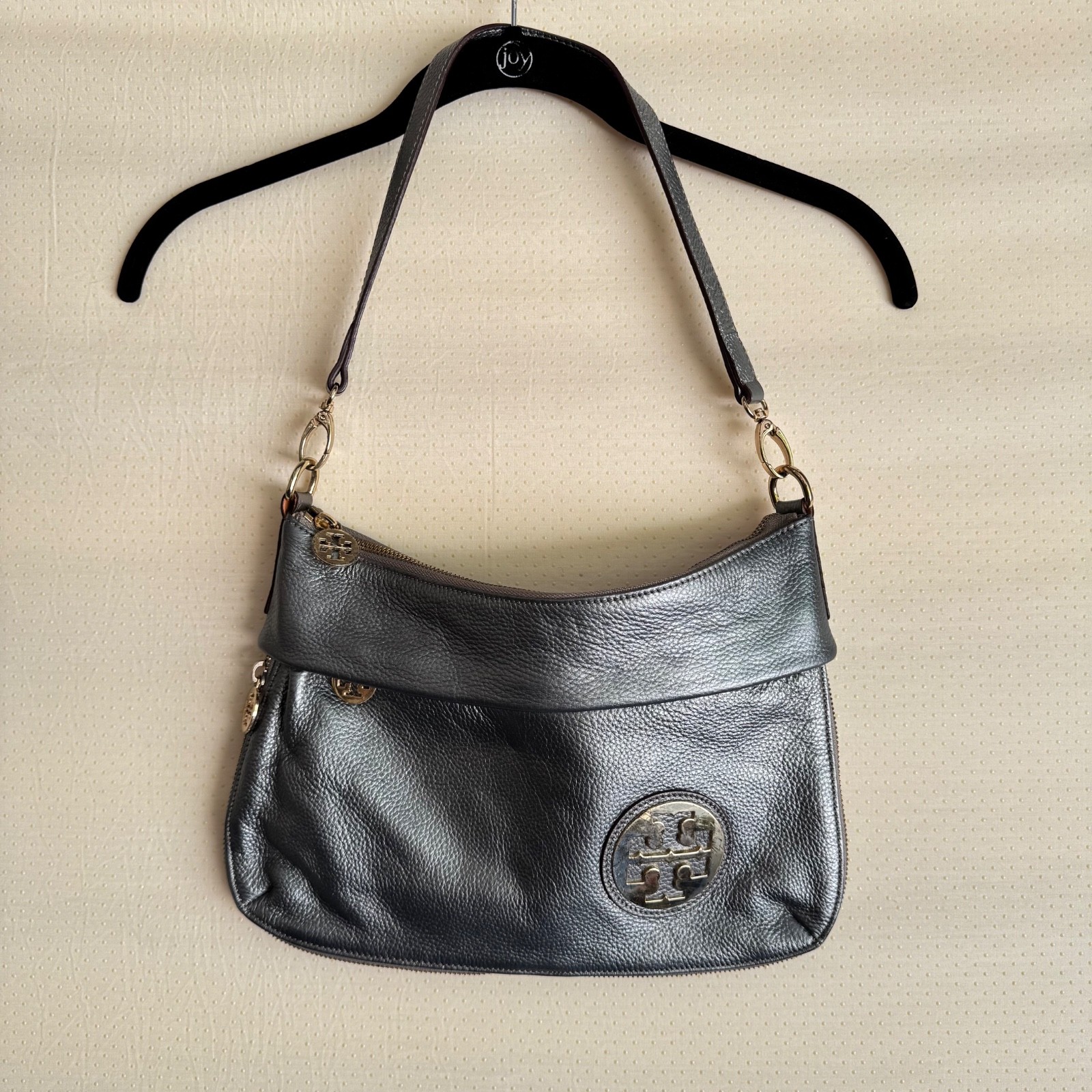 Tory Burch Dark Silver Pebbled Leather Shoulder Bag w/ Gold Accents